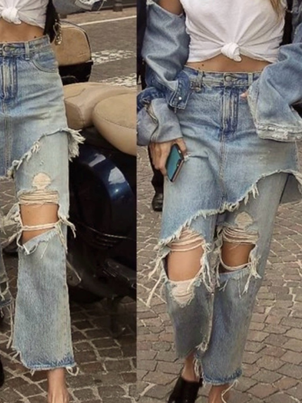 R13 Light Blue Distressed Straight-Leg Jeans Skirt Overlay-Rare Luxury Denim